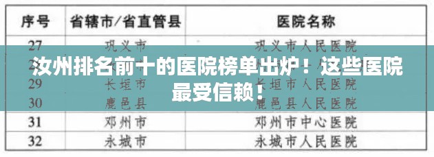 汝州排名前十的医院榜单出炉!这些医院最受信赖!