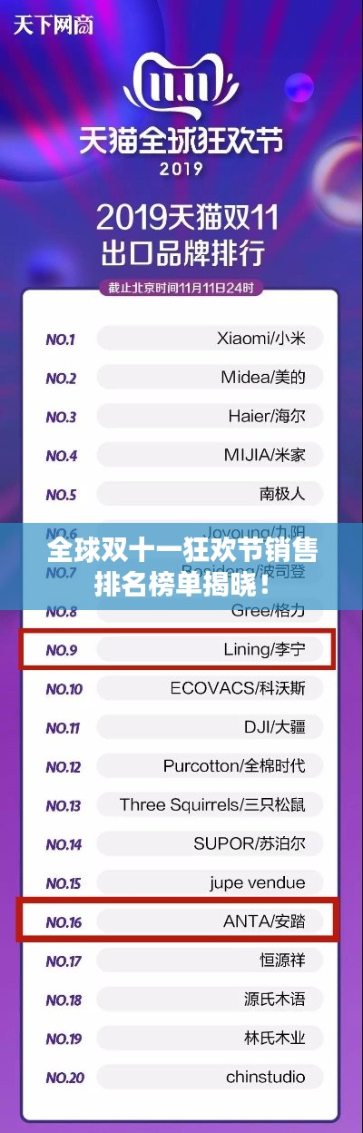 全球双十一狂欢节销售排名榜单揭晓!